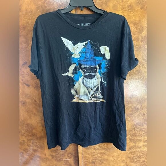 Black Graphic T-Shirt with Wizard Pug Design - Picture 1 of 4